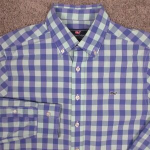 Vineyard Vines Shirt Mens Small Blue Green Gingham Plaid Whale Logo Preppy Slim